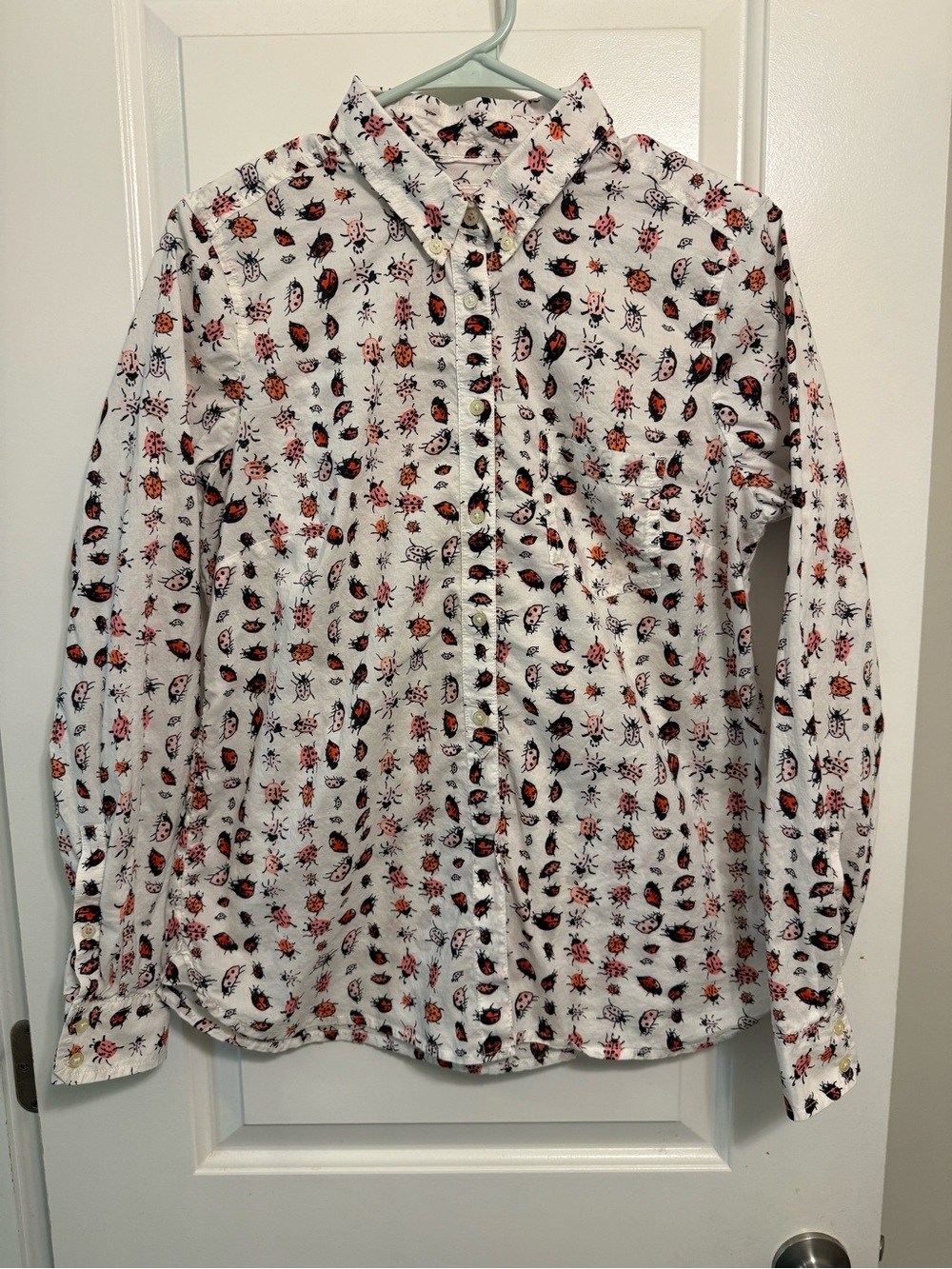 GAP ‘Shrunken Boyfriend’ White Button-Up Shirt with Pink and Black Ladybug Print